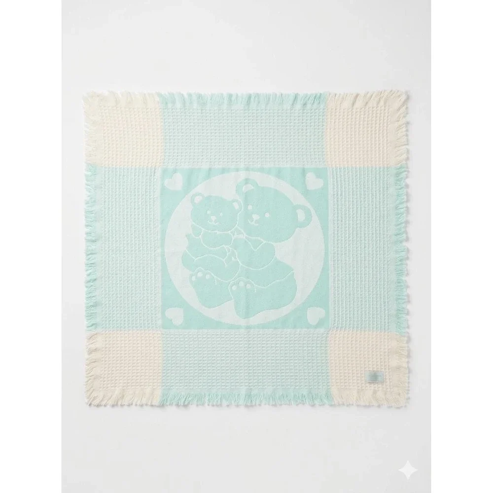 Vintage Kay-Bee Kids Acrylic Baby Blanket, Teal White Teddy Bears Fringe 40